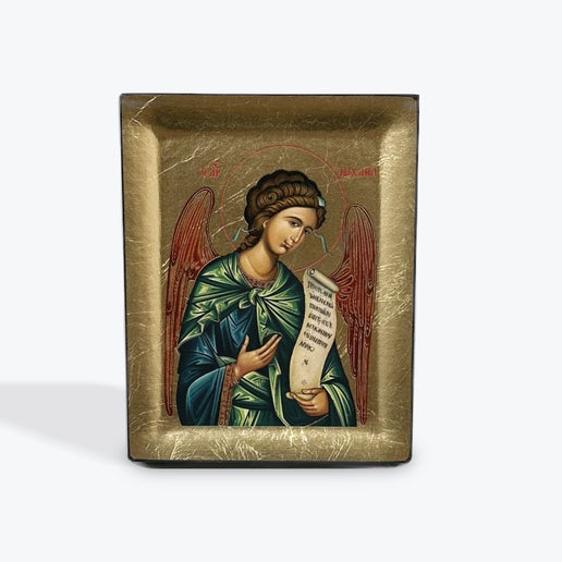 Archangel Michael - Wooden Icon In Canvas With Gold Background On Carved Wood - Mount Athos