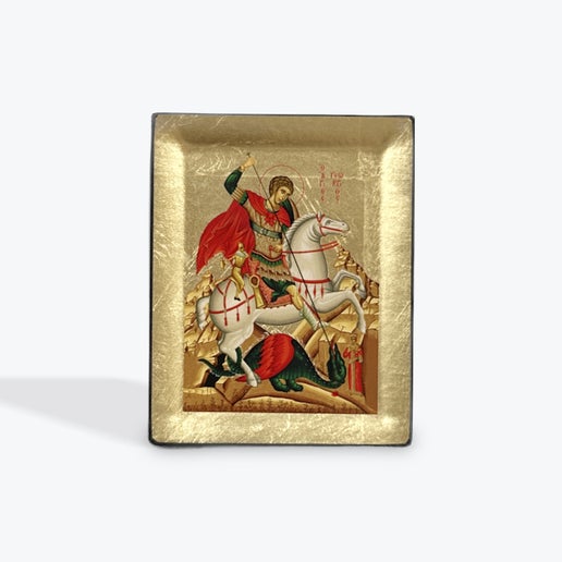 Saint George - Wooden Icon In Canvas With Gold Background On Carved Wood - Mount Athos