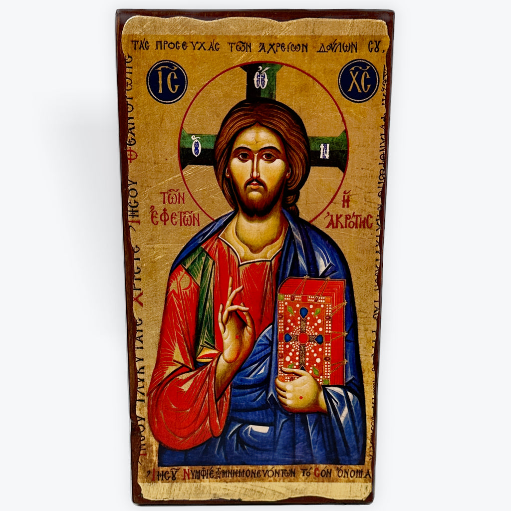 Jesus Christ Pantocrator - Aged Wooden Icon In Canvas With Gold Background - Mount Athos