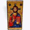 Jesus Christ Pantocrator - Aged Wooden Icon In Canvas With Gold Background - Mount Athos