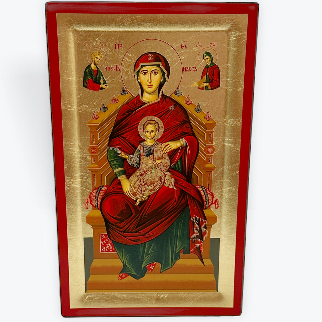 Virgin Mary Enthroned - Wooden Icon In Canvas With Gold Background On Carved Wood - Mount Athos