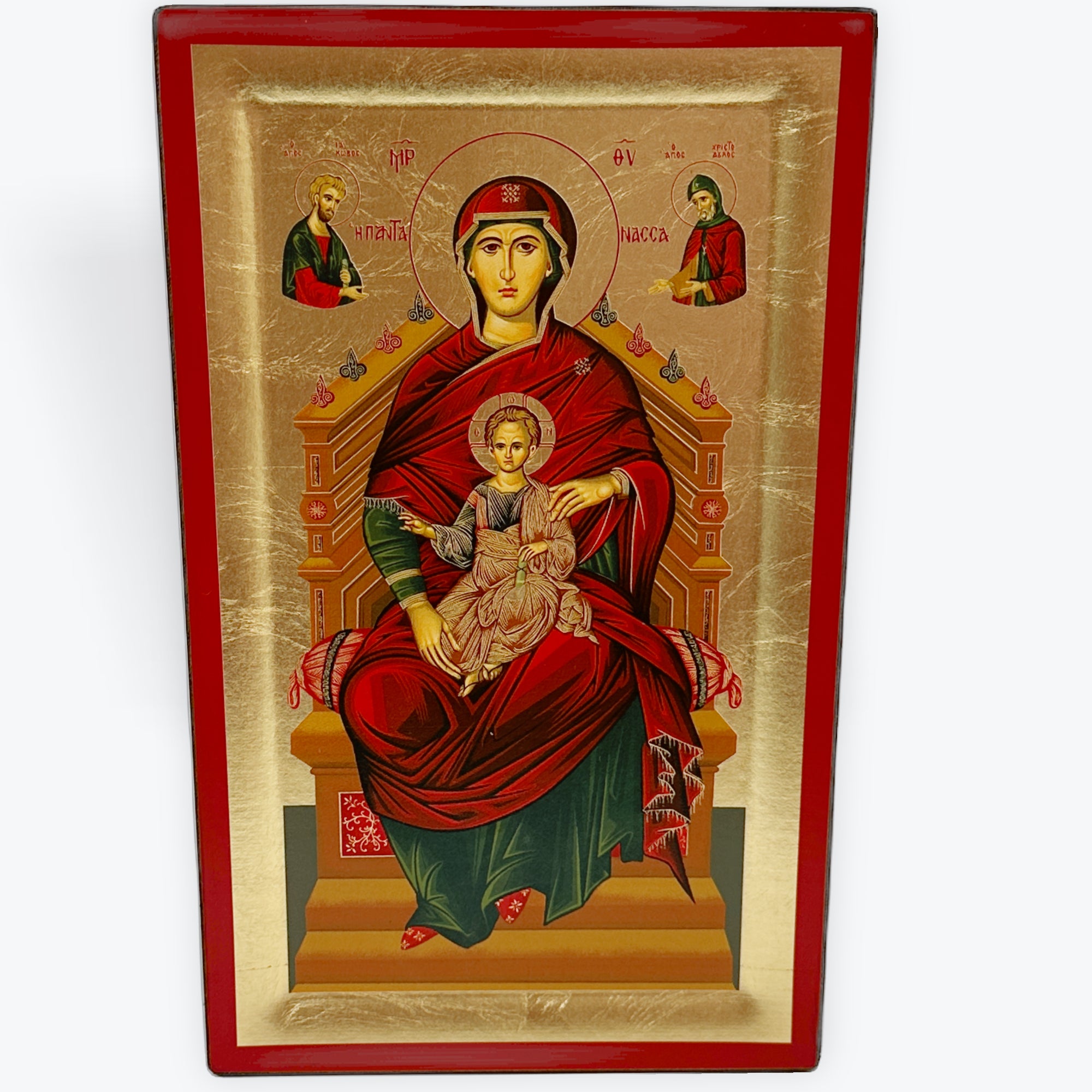 Virgin Mary Enthroned - Wooden Icon In Canvas With Gold Background On Carved Wood - Mount Athos