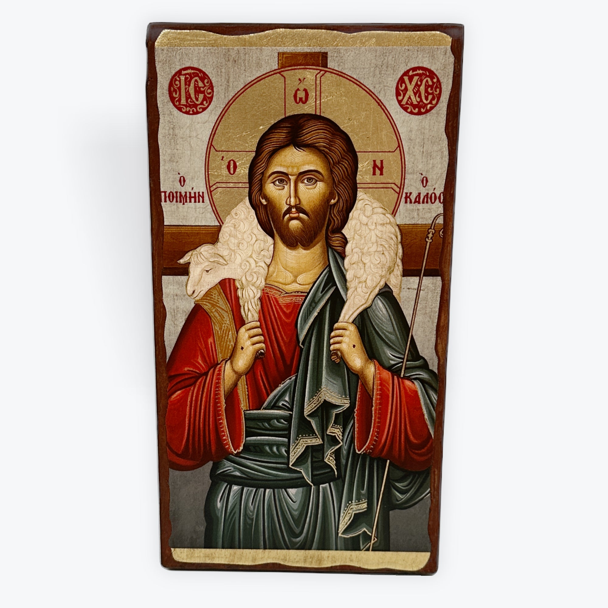 Jesus Christ Good Shepherd - Aged Wooden Icon In Canvas With Gold Background - Mount Athos