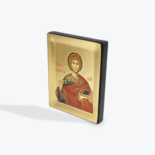 Saint Panteleimon - Wooden Icon In Canvas With Gold Background On Carved Wood - Mount Athos