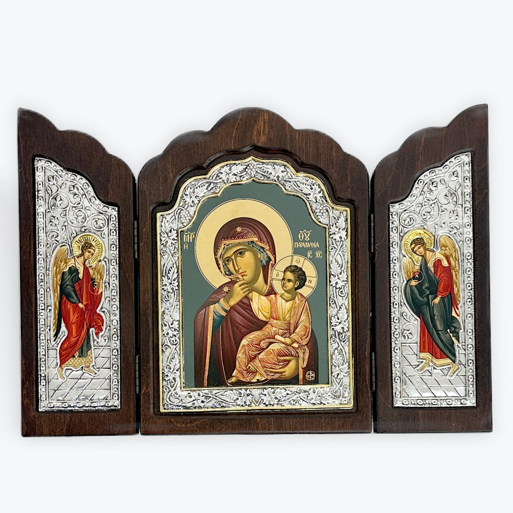 SILVER TRIPTYCH ICON PLATED WITH 22K GOLD – THE MOTHER OF GOD WITH THE CHILD