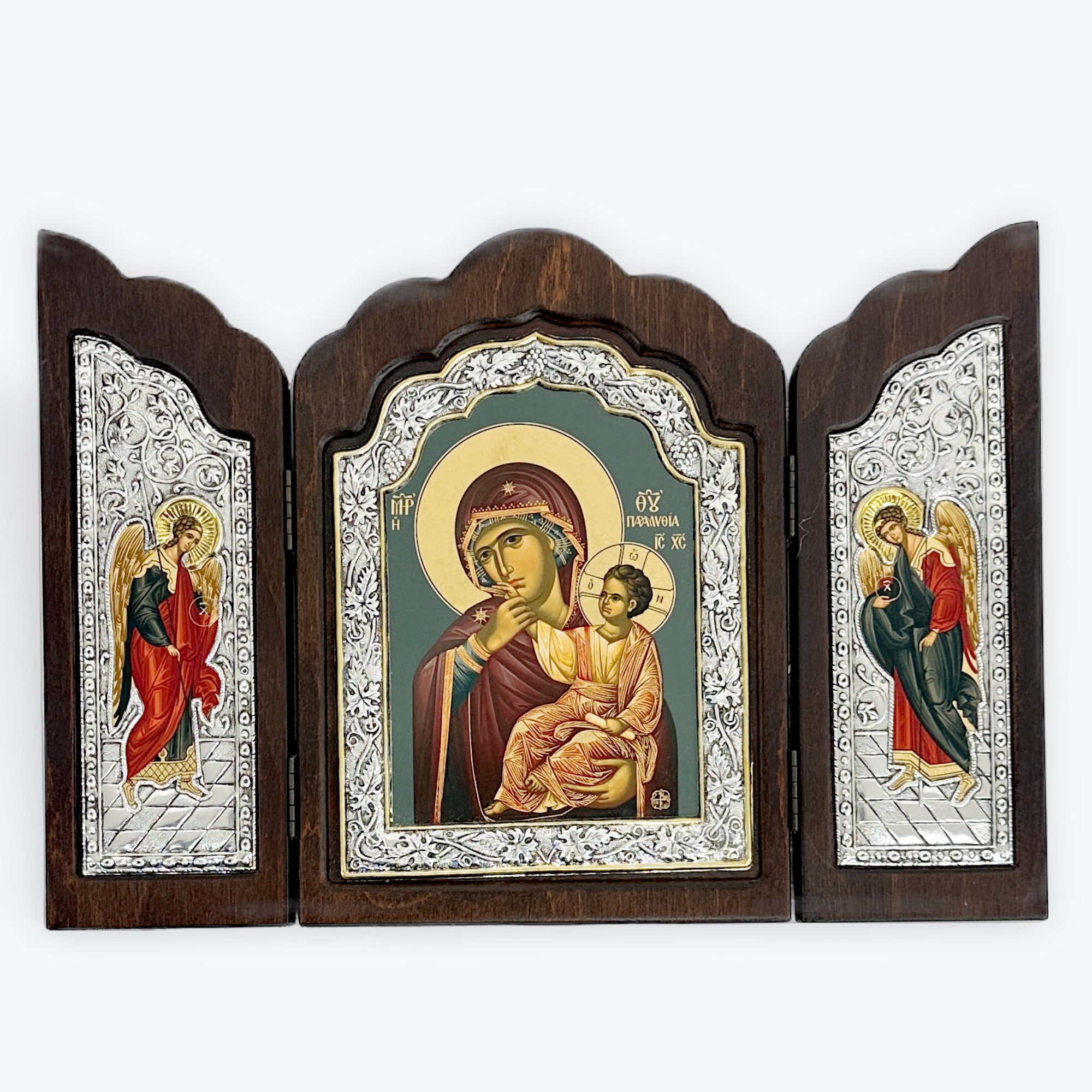 SILVER TRIPTYCH ICON PLATED WITH 22K GOLD – THE MOTHER OF GOD WITH THE CHILD