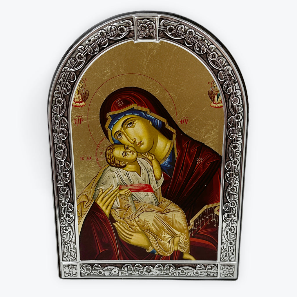 Virgin Mary Glykofilousa - Sweet Kissing - Metallic Icon On Wood Locally Gold Plated - Mount Athos