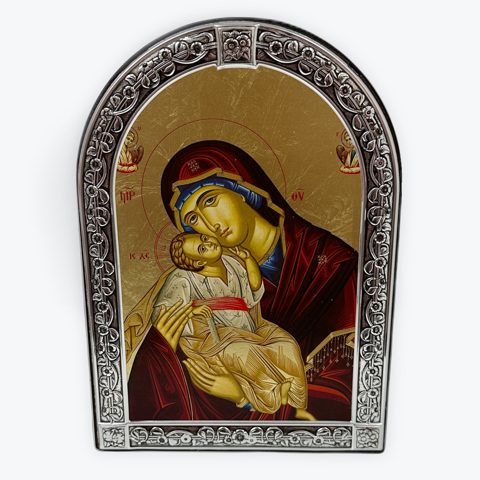 Virgin Mary Glykofilousa - Sweet Kissing - Metallic Icon On Wood Locally Gold Plated - Mount Athos