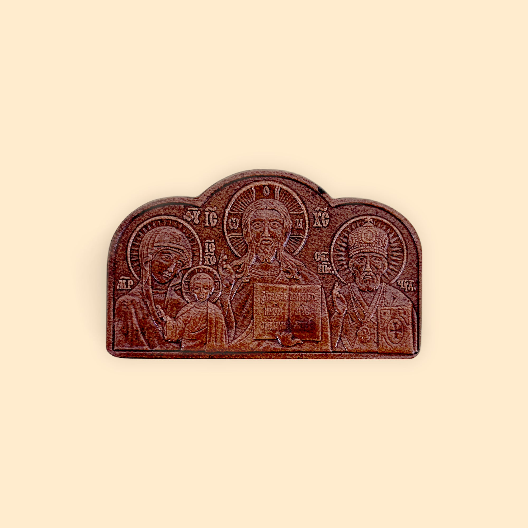 LEATHER TRIPTYCH ICONS WITH ADHESIVE BACK – MOTHER OF GOD, CHRIST, AND SAINT NICHOLAS - 5 pieces