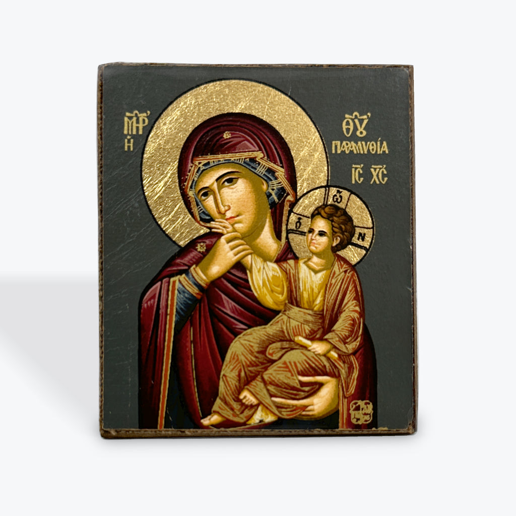 Aged Wooden Icon In Canvas With Gold Background - Mount Athos - 5.5  X 5 CM