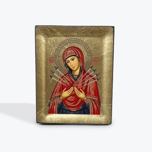 Virgin Mary With 7 Swords - Wooden Icon In Canvas With Gold Background On Carved Wood - Mount Athos