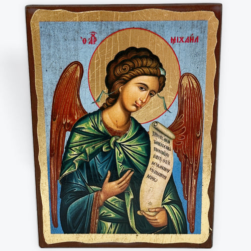 Archangel Michael - Aged Wooden Icon In Canvas With Gold Background - Mount Athos