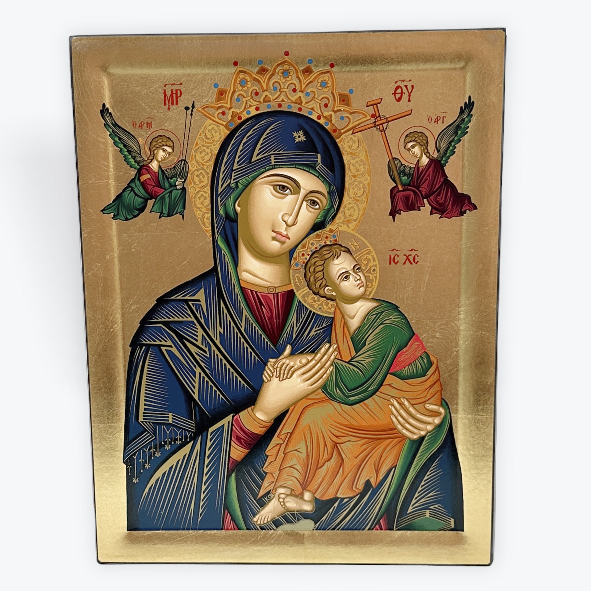 Virgin Mary Perpetual Help - Wooden Icon In Canvas With Gold Background On Carved Wood - Mount Athos