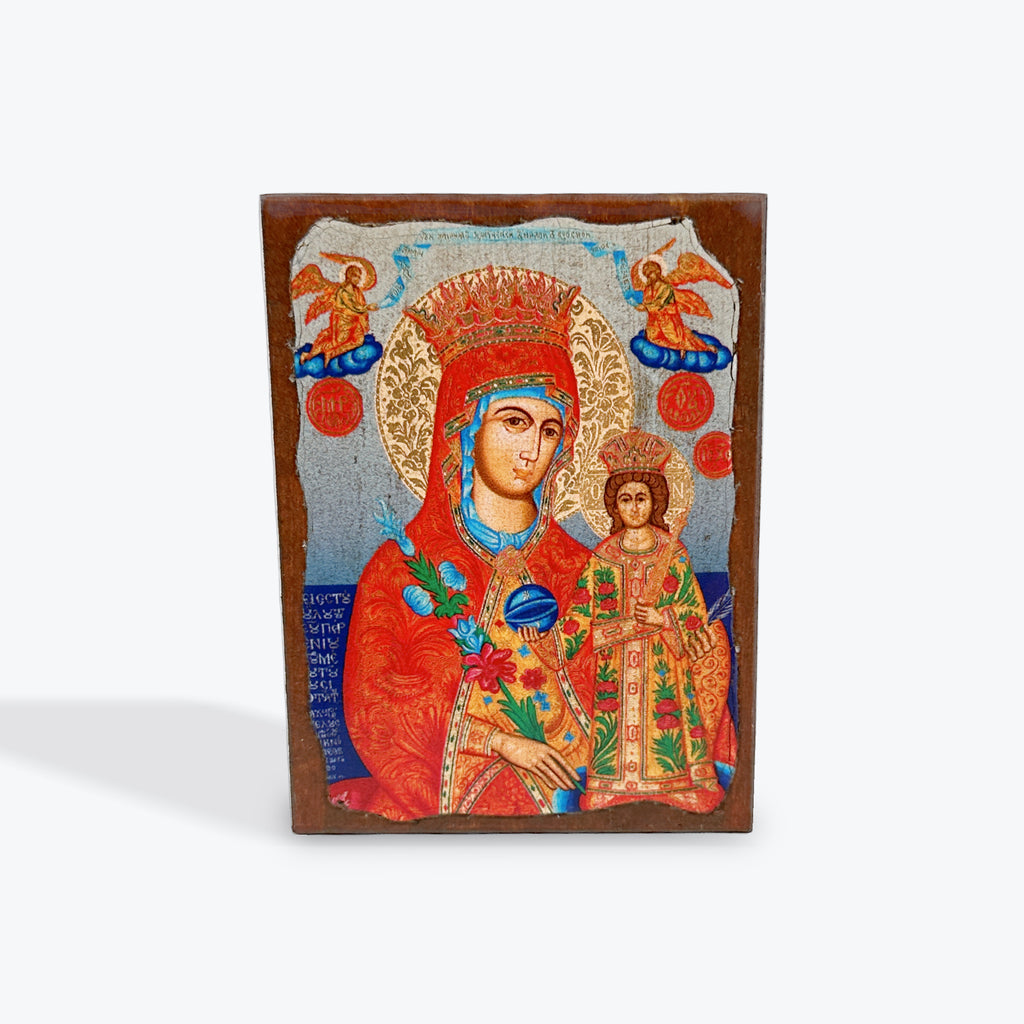 Aged Wooden Icon In Canvas With Gold Background - Mount Athos - 8 X 7 CM