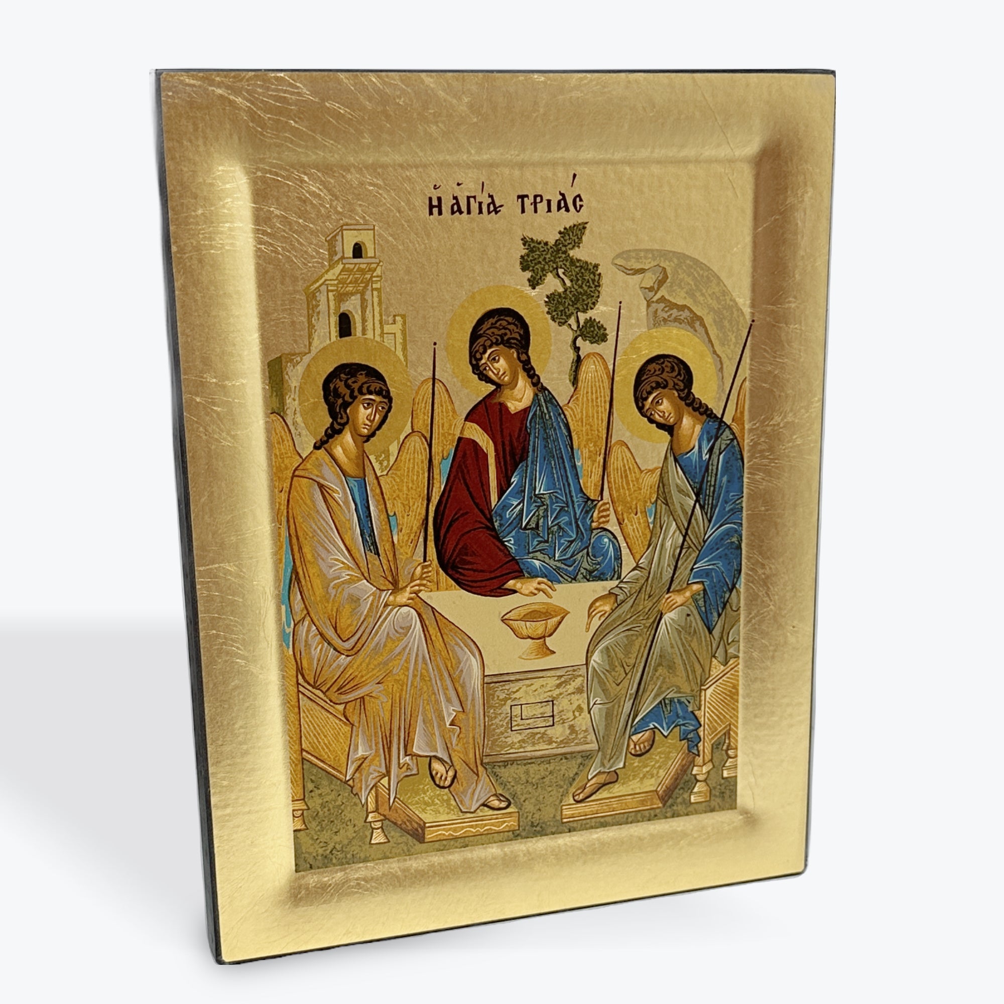The Holy Trinity -  - Wooden Icon In Canvas With Gold Background On Carved Wood - Mount Athos