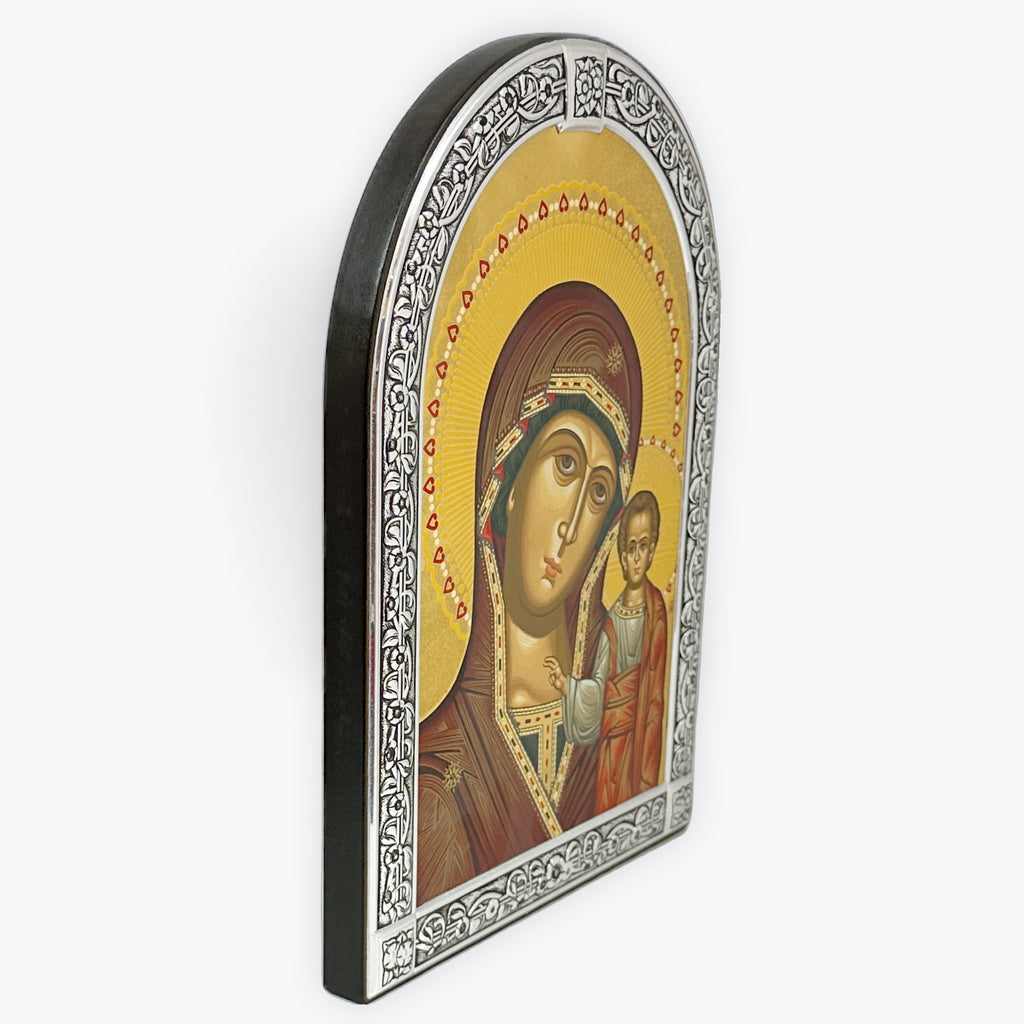 Virgin Mary Of Kazan - Metallic Icon On Wood Locally Gold Plated - Mount Athos