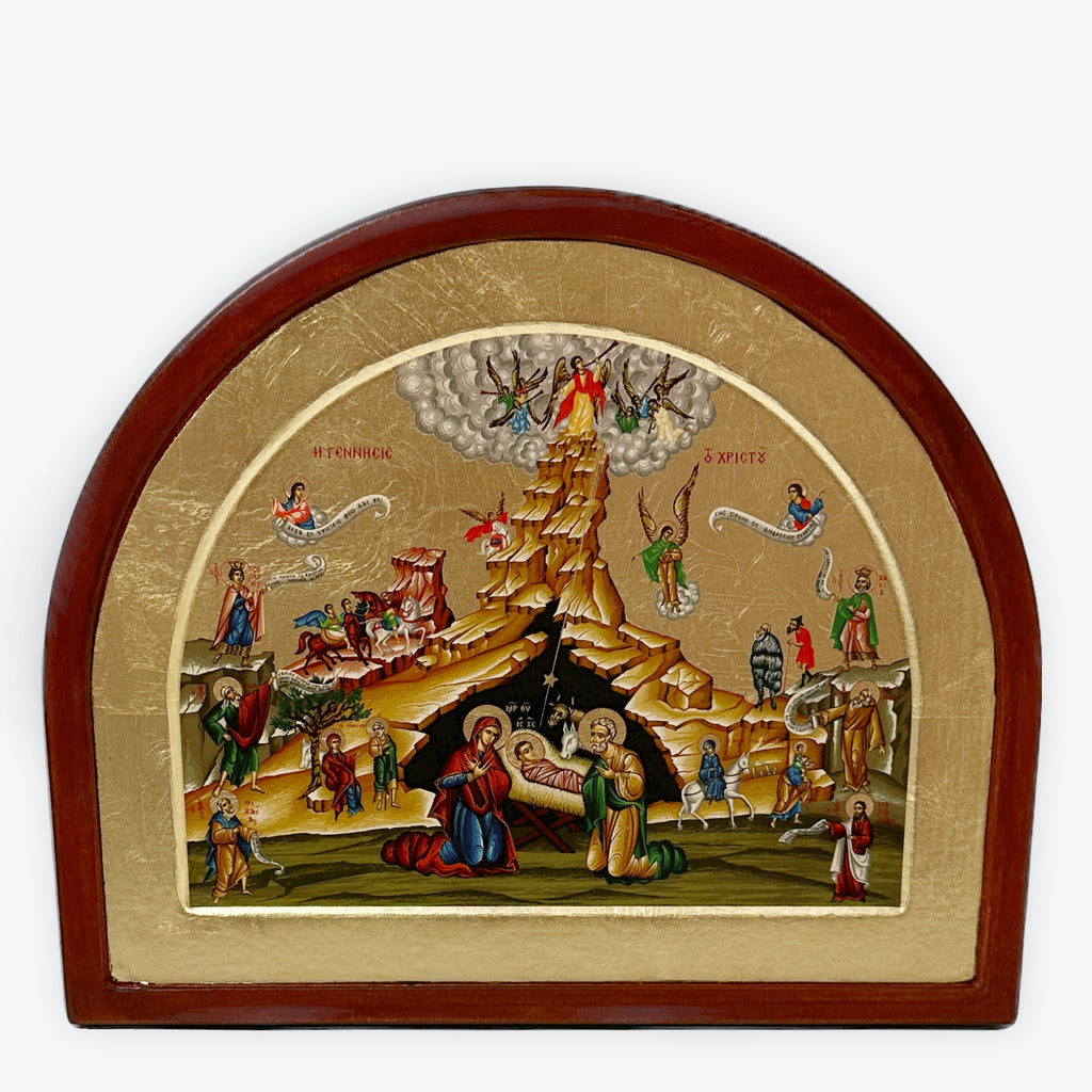 The Birth Of Jesus Christ - Aged Wooden Icon In Canvas With Gold Background - Mount Athos