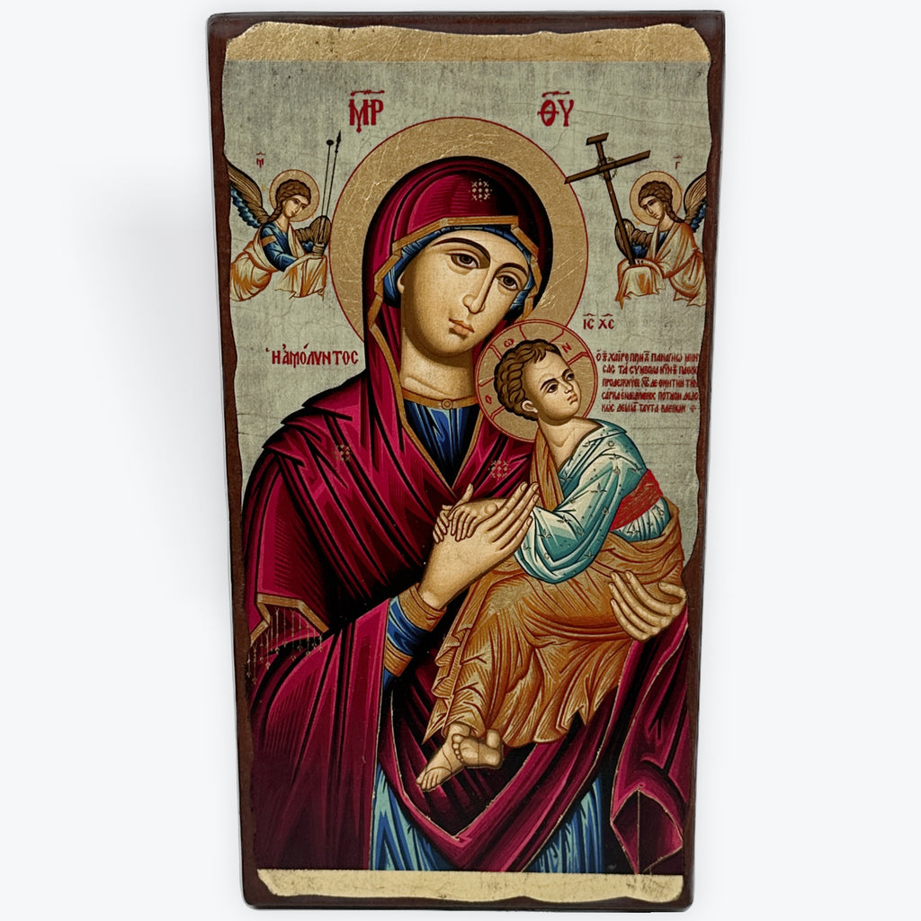 Virgin Mary Of Passion - Aged Wooden Icon In Canvas With Gold Background - Mount Athos