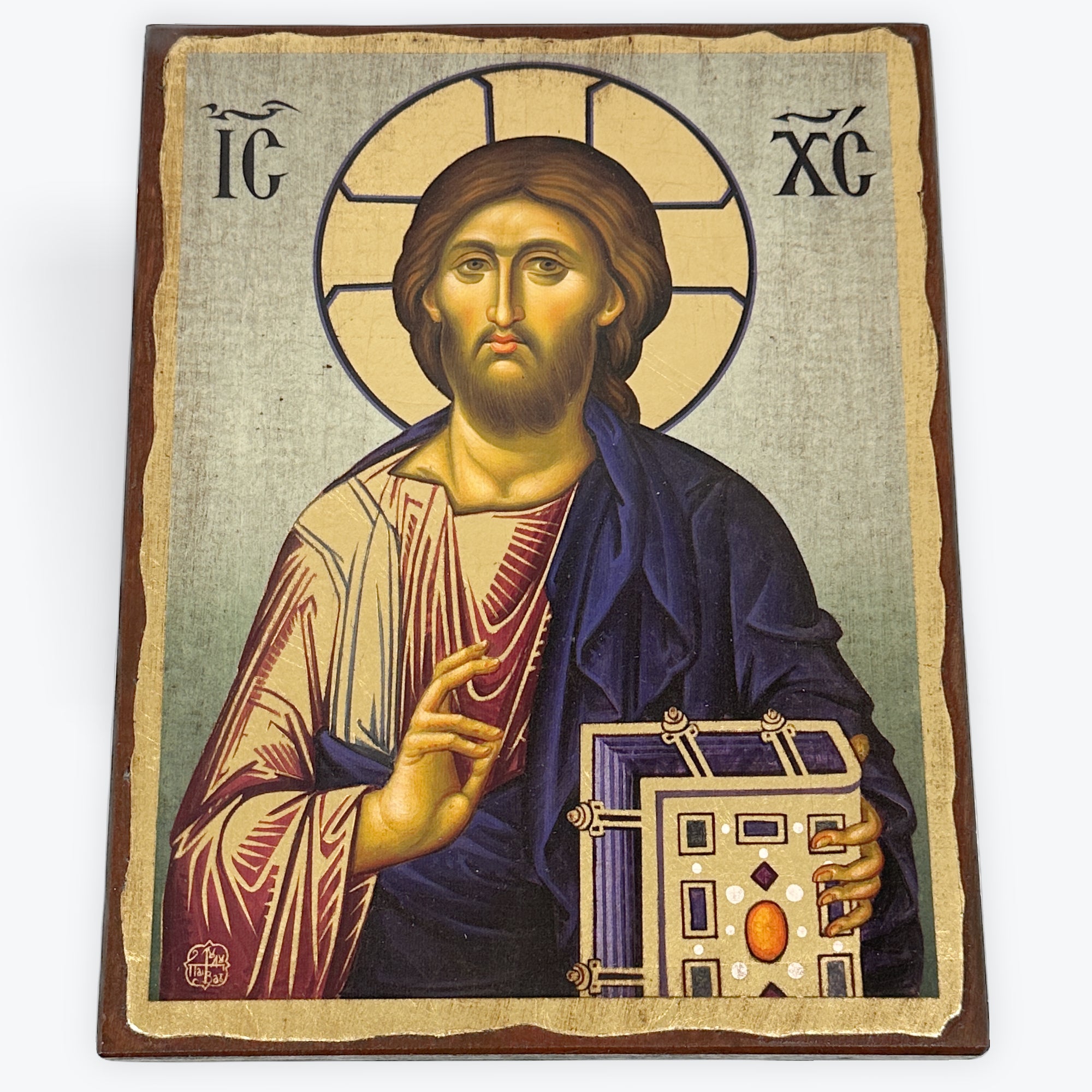 Jesus Christ From The Holy Monastery Of Vatopedi - Aged Wooden Icon In Canvas With Gold Background - Mount Athos