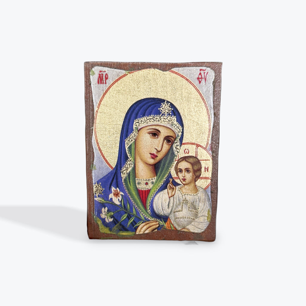 Aged Wooden Icon In Canvas With Gold Background - Mount Athos - 8 X 7 CM