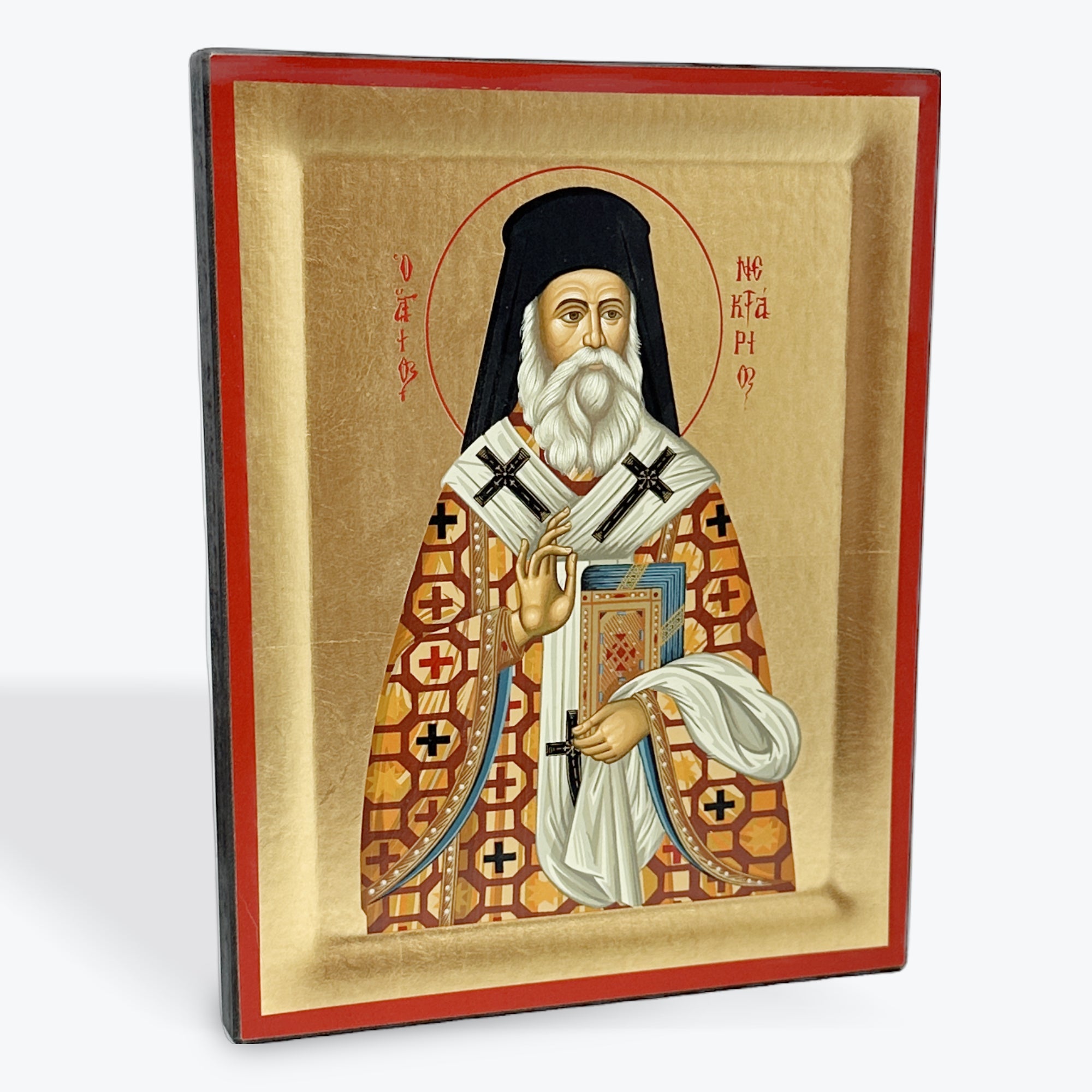 Saint Nektarios -  - Wooden Icon In Canvas With Gold Background On Carved Wood - Mount Athos