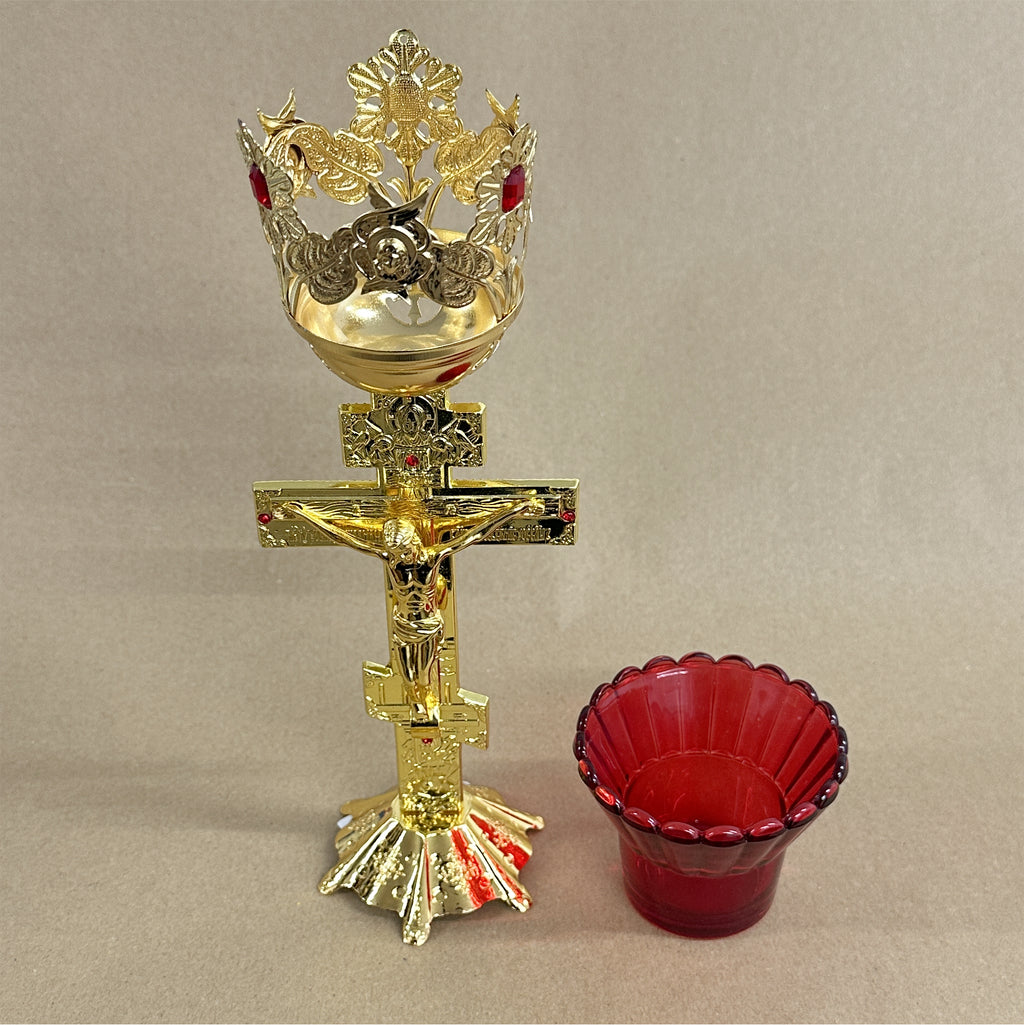 Large Gold-Colored Metal Oil Candle with Glass Cup
