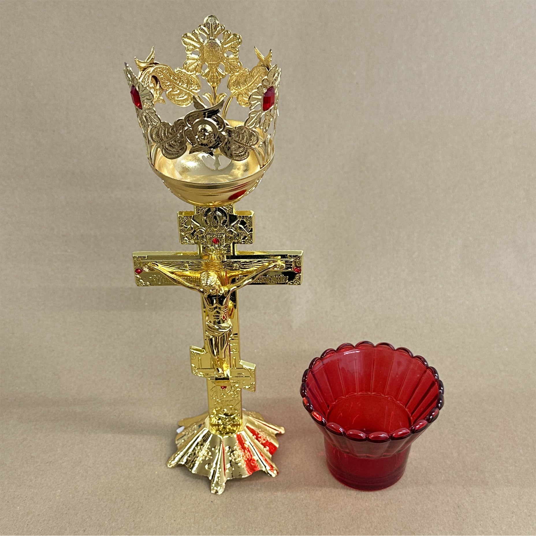 Large Gold-Colored Metal Oil Candle with Glass Cup