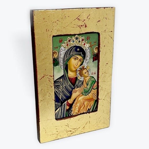 Virgin Mary Perpetual Help - Aged Wooden Icon With Silver Halo Locally Gold Plated - Mount Athos