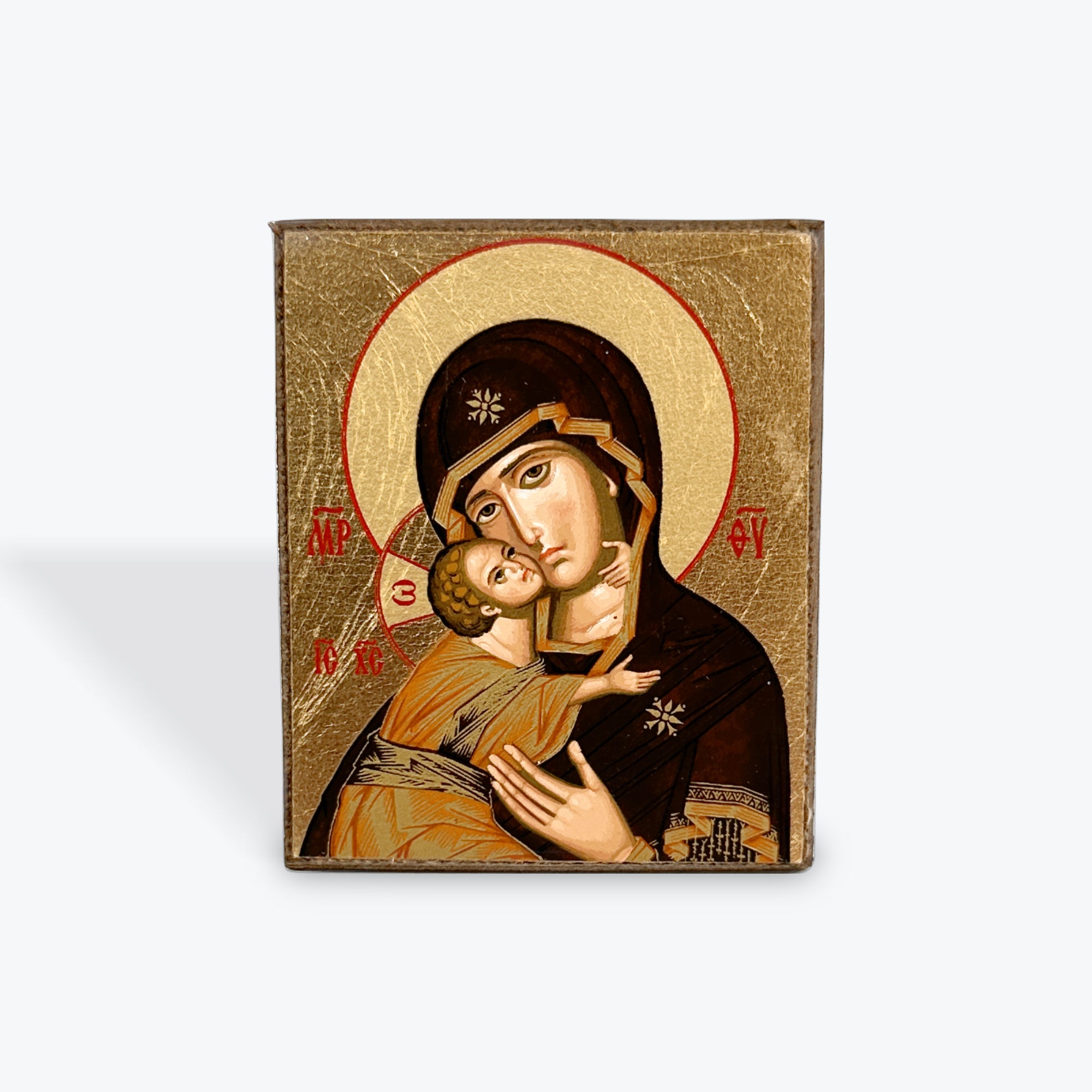 Aged Wooden Icon In Canvas With Gold Background - Mount Athos - 5.5  X 5 CM