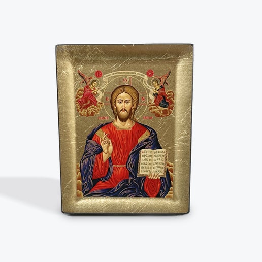 Jesus Christ Pantocrator - Wooden Icon In Canvas With Gold Background On Carved Wood - Mount Athos