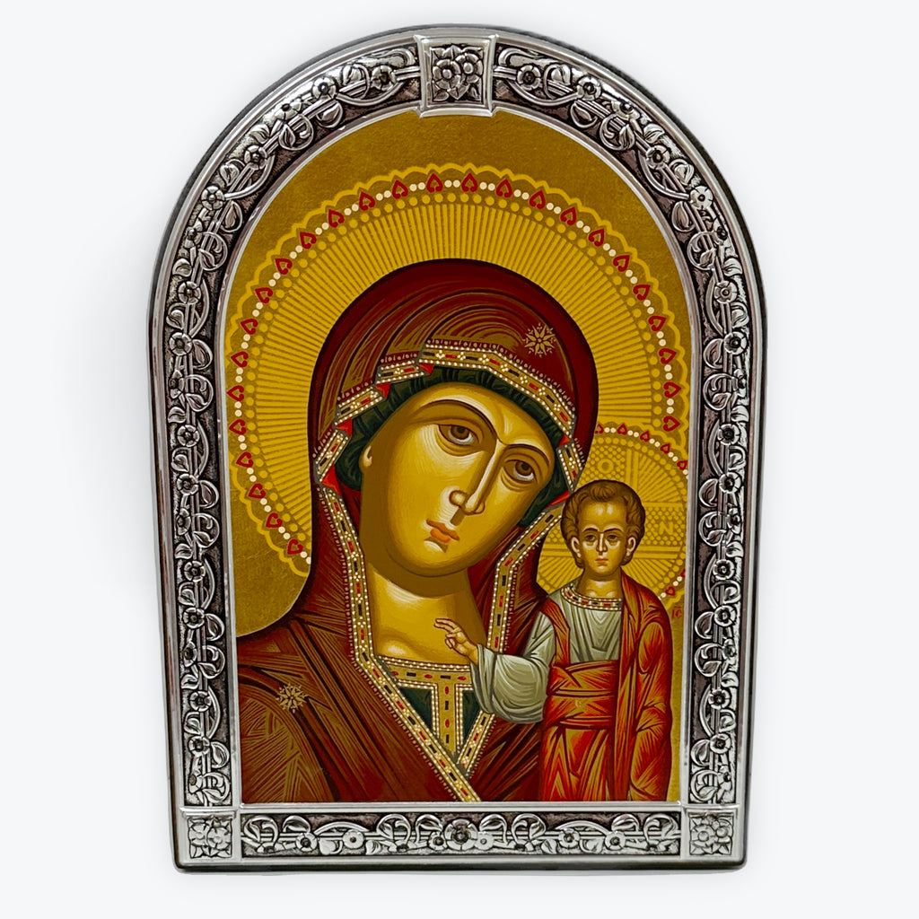 Virgin Mary Of Kazan - Metallic Icon On Wood Locally Gold Plated - Mount Athos