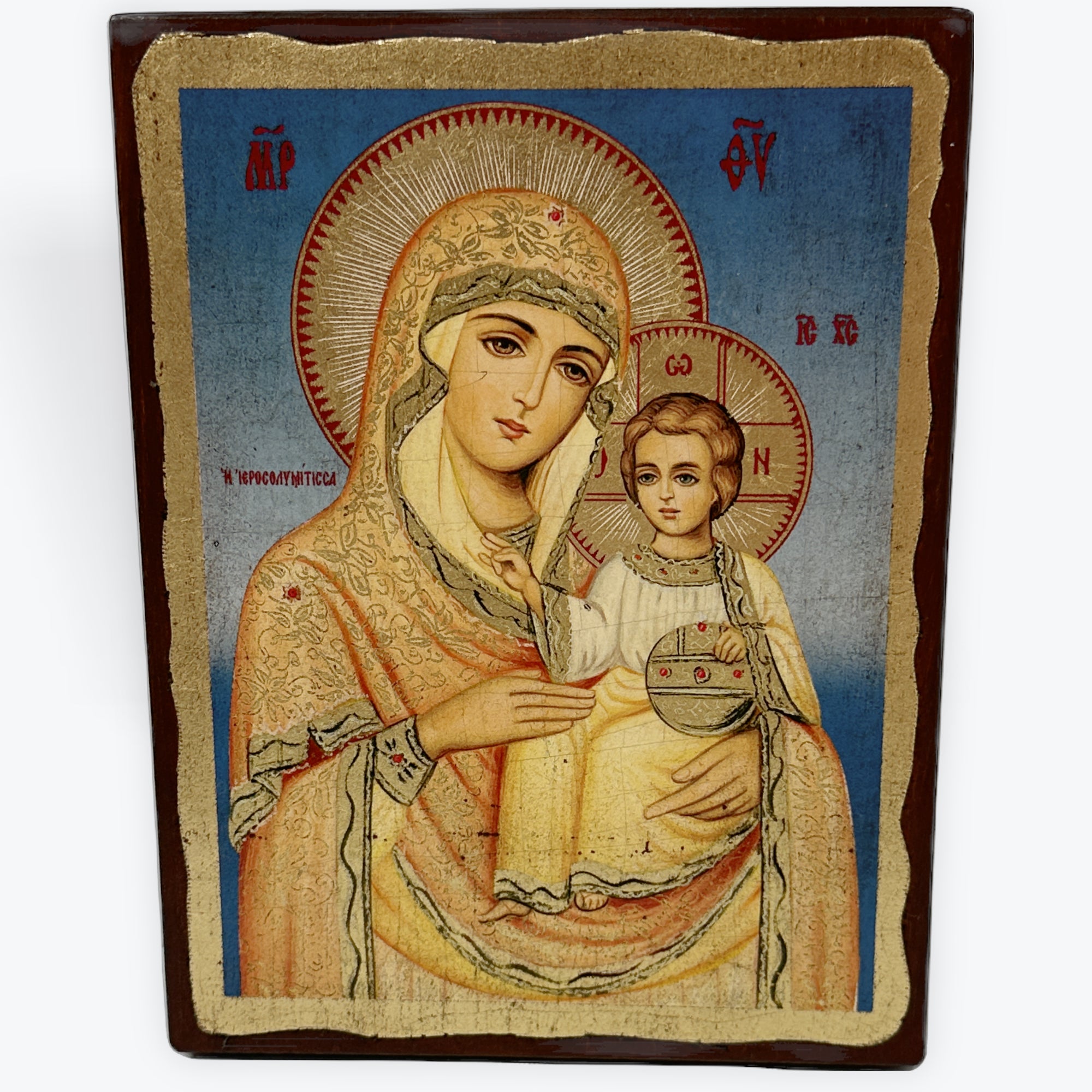 Virgin Mary Ierosolymitissa - Aged Wooden Icon In Canvas With Gold Background - Mount Athos