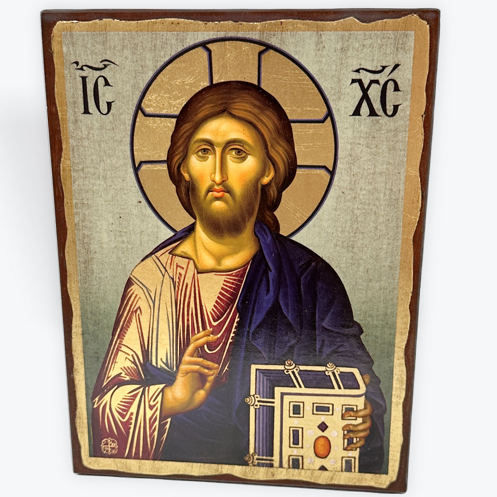 Jesus Christ From The Holy Monastery Of Vatopedi - Aged Wooden Icon In Canvas With Gold Background - Mount Athos