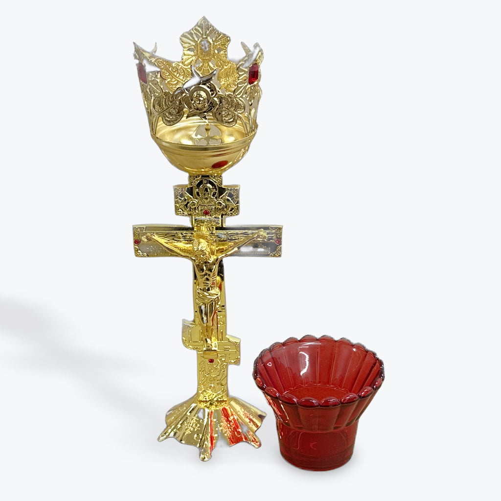 Large Gold-Colored Metal Oil Candle with Glass Cup