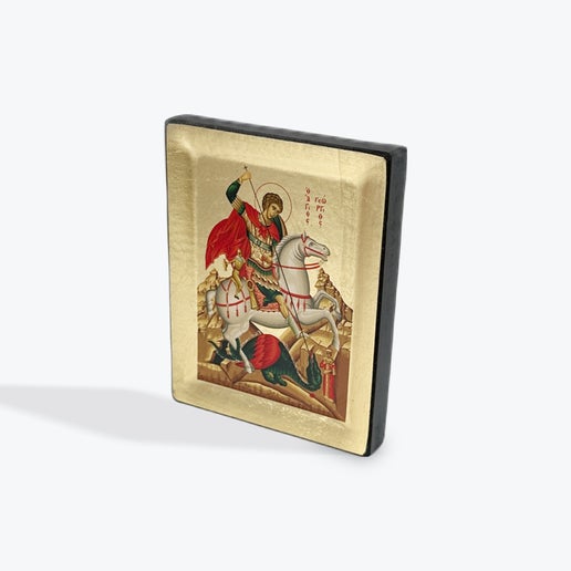 Saint George - Wooden Icon In Canvas With Gold Background On Carved Wood - Mount Athos