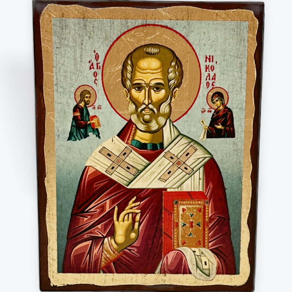 Saint Nicolaos - Aged Wooden Icon In Canvas With Gold Background - Mount Athos
