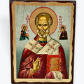 Saint Nicolaos - Aged Wooden Icon In Canvas With Gold Background - Mount Athos