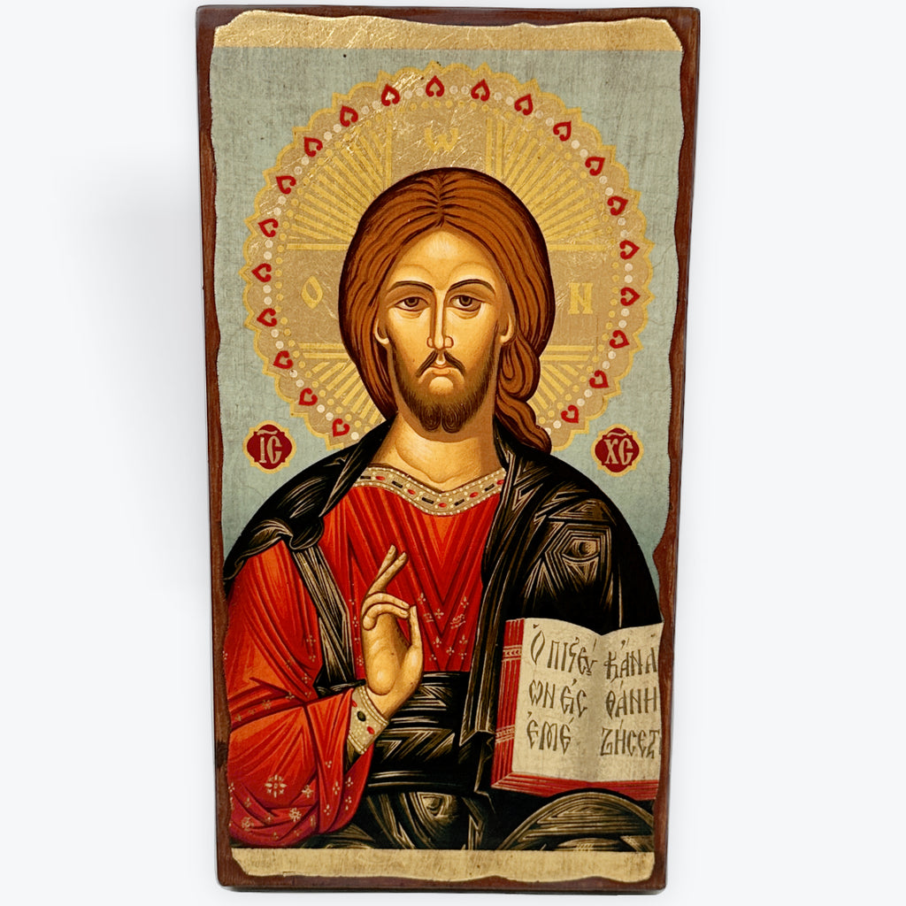 Jesus Christ From Kazan - Aged Wooden Icon In Canvas With Gold Background - Mount Athos