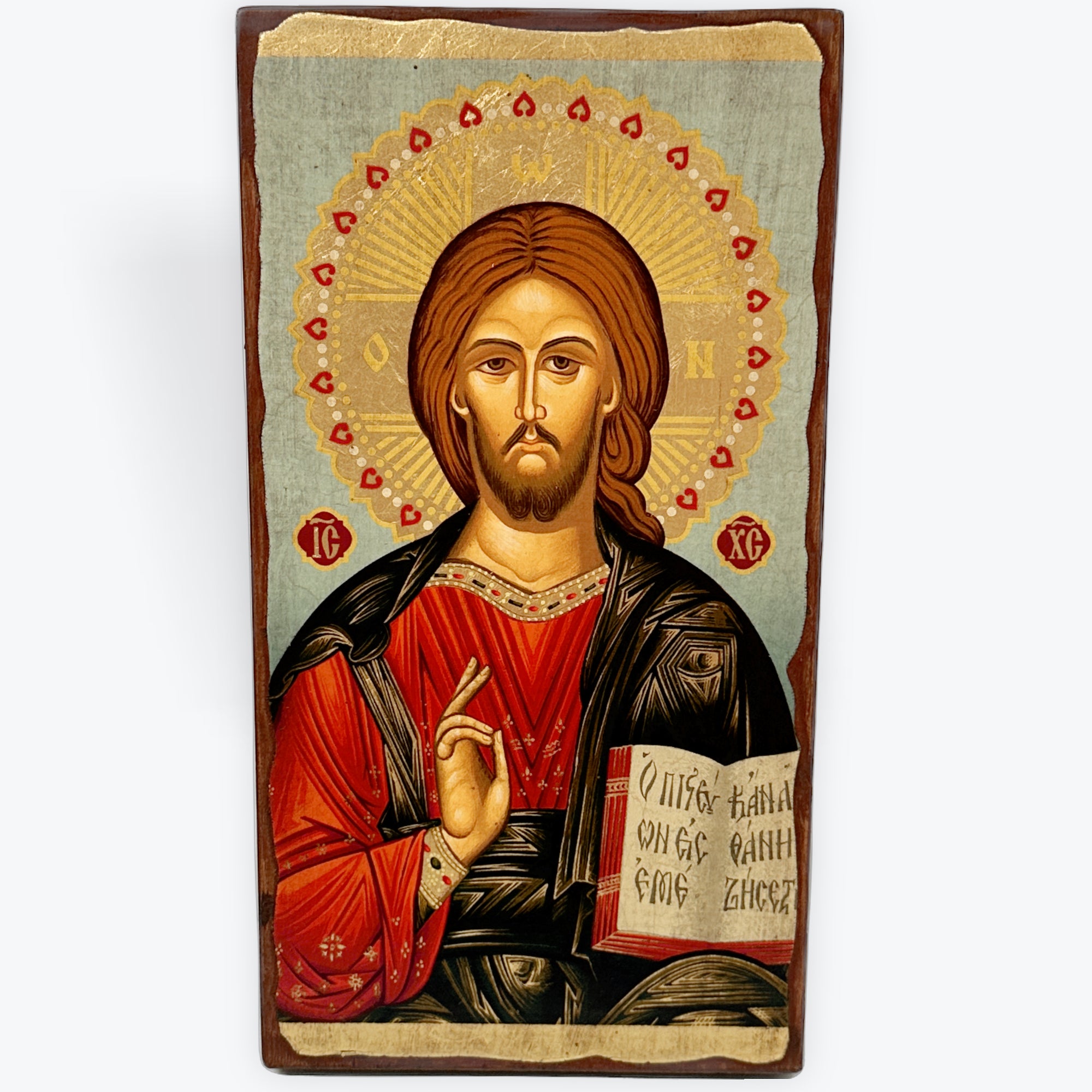 Jesus Christ From Kazan - Aged Wooden Icon In Canvas With Gold Background - Mount Athos