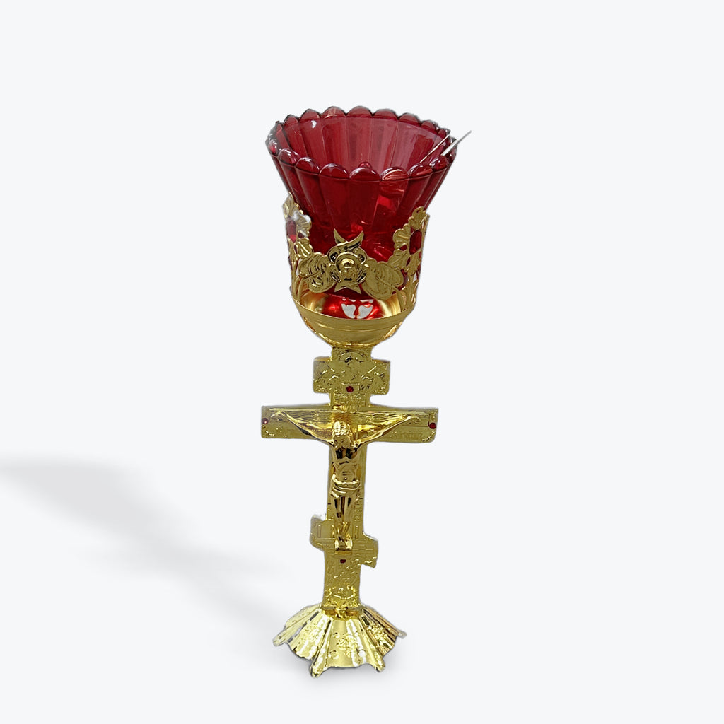 Large Gold-Colored Metal Oil Candle with Glass Cup