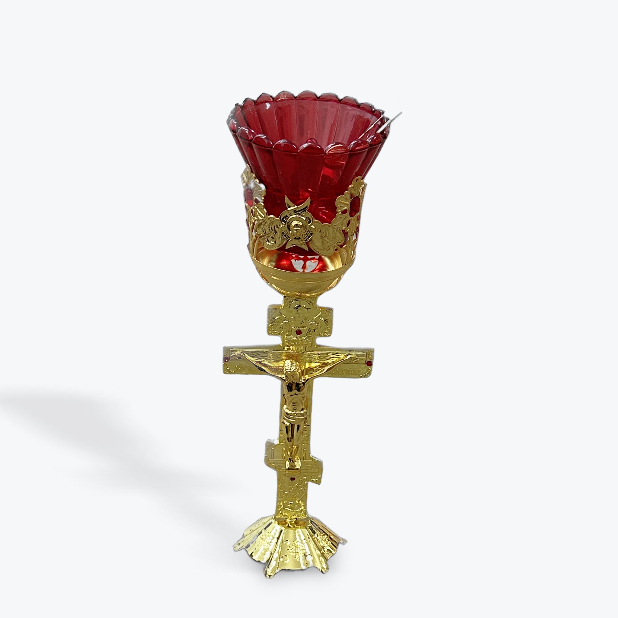 Large Gold-Colored Metal Oil Candle with Glass Cup