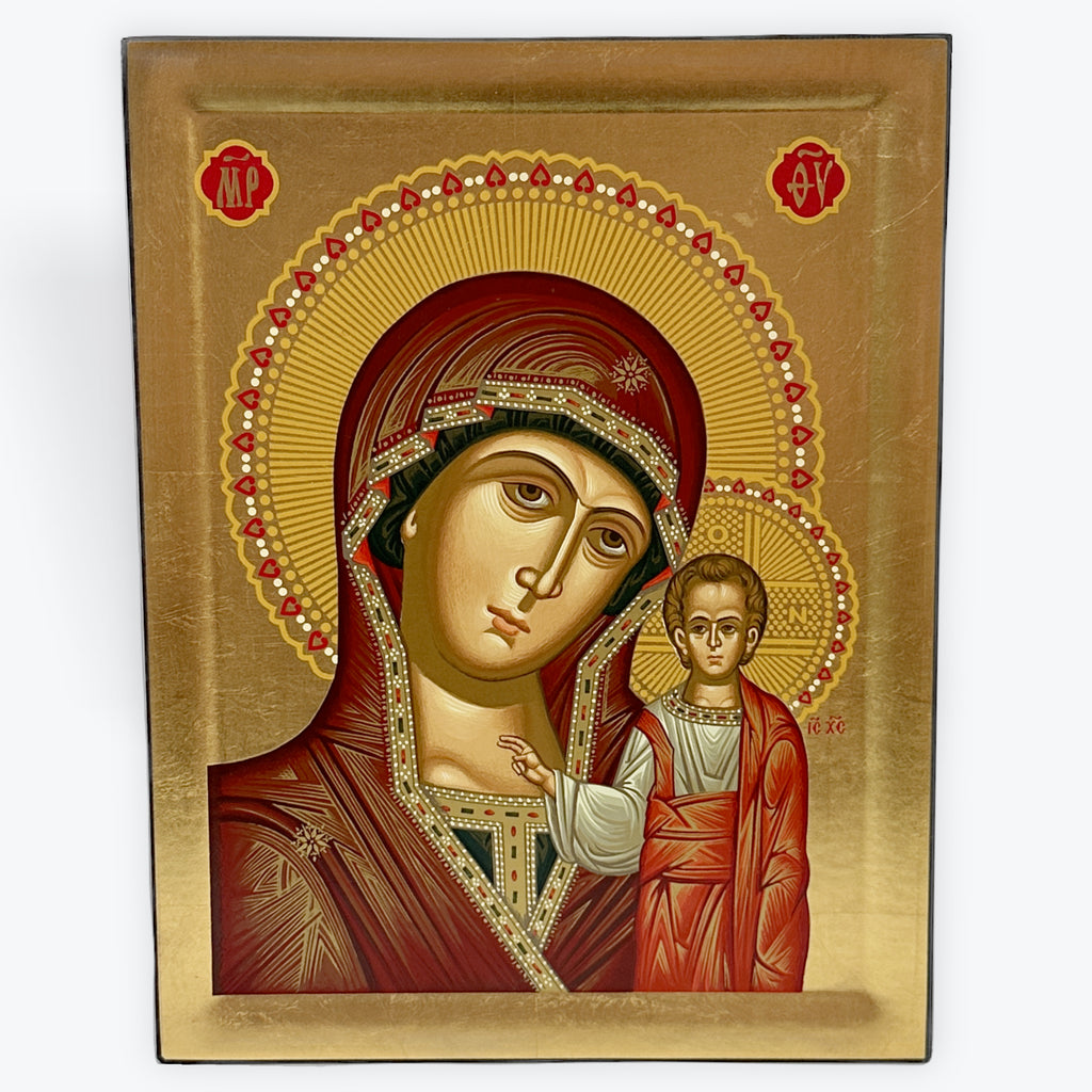 Virgin Mary Of Kazan - Wooden Icon In Canvas With Gold Background On Carved Wood - Mount Athos