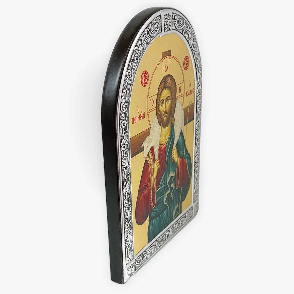 Jesus Christ Good Shepherd - Metallic Icon On Wood Locally Gold Plated - Mount Athos