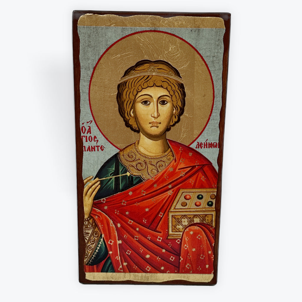 Saint Panteleimon - Aged Wooden Icon In Canvas With Gold Background - Mount Athos