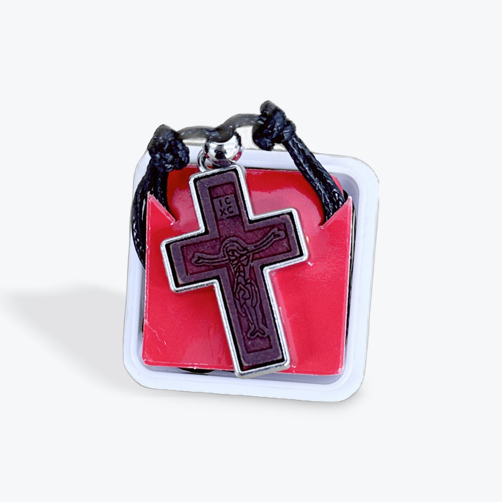 WOOD AND METAL CROSS PENDANT WITH ADJUSTABLE CORD - 12 pcs