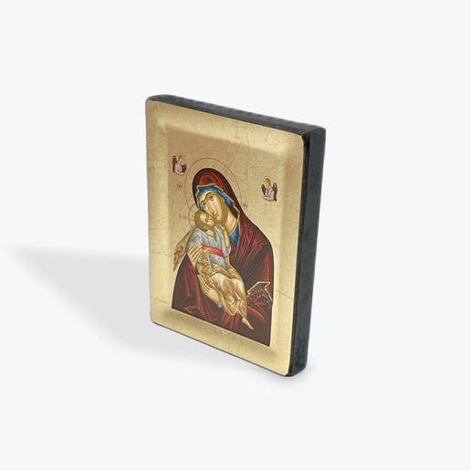 Virgin Mary Glykofilousa - Sweet Kissing - - Wooden Icon In Canvas With Gold Background On Carved Wood - Mount Athos