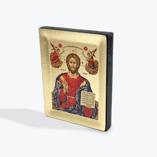 Jesus Christ Pantocrator - Wooden Icon In Canvas With Gold Background On Carved Wood - Mount Athos