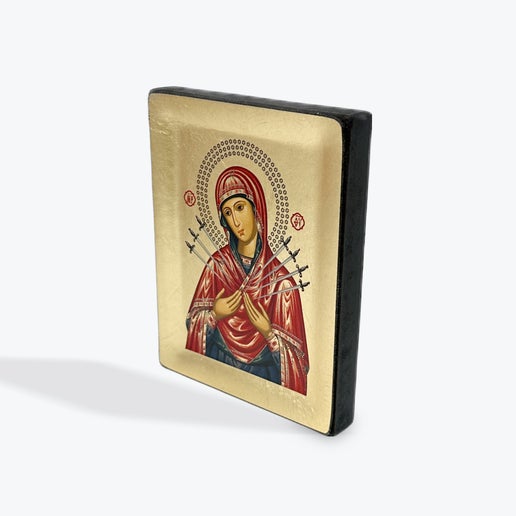Virgin Mary With 7 Swords - Wooden Icon In Canvas With Gold Background On Carved Wood - Mount Athos