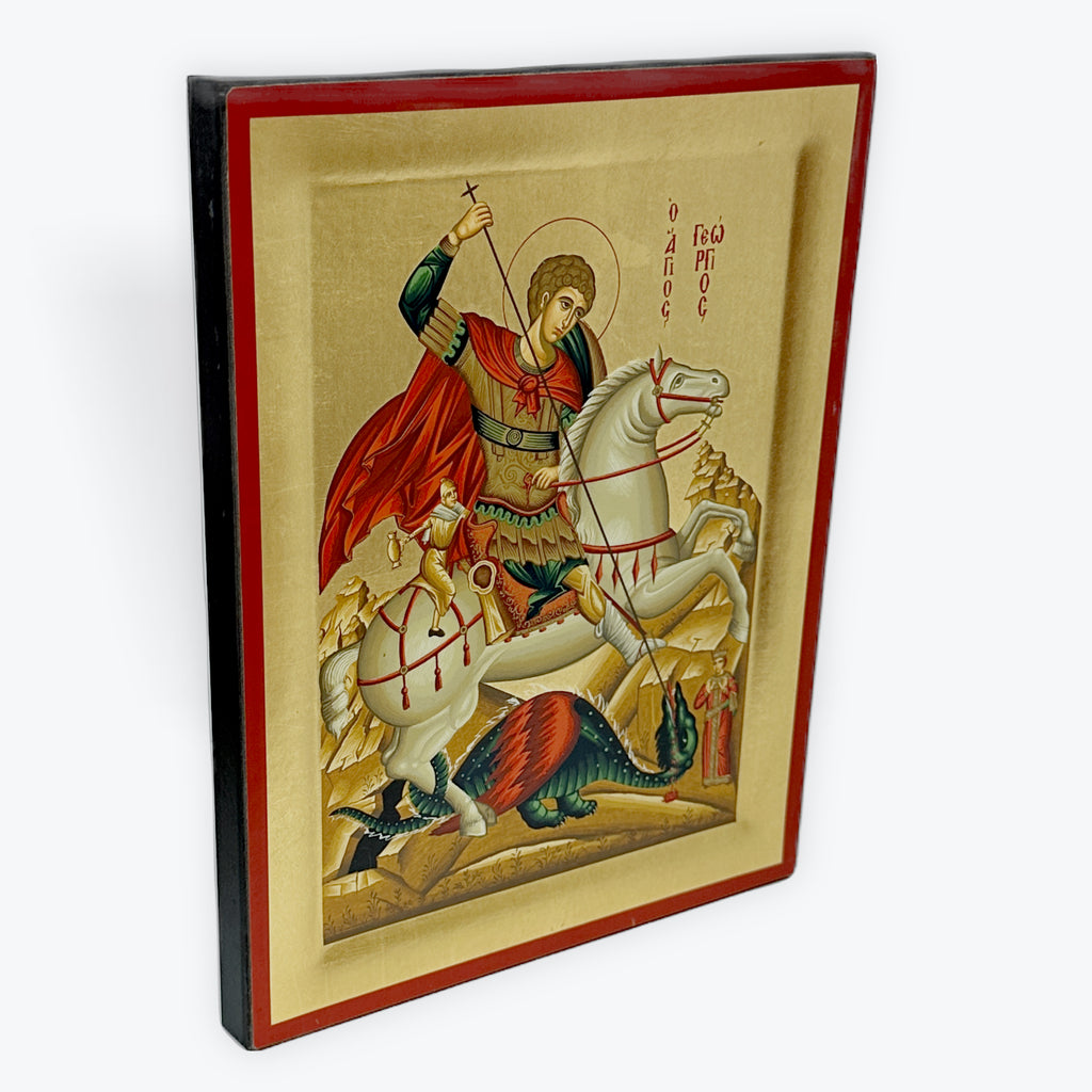 Saint George - Wooden Icon In Canvas With Gold Background On Carved Wood - Mount Athos