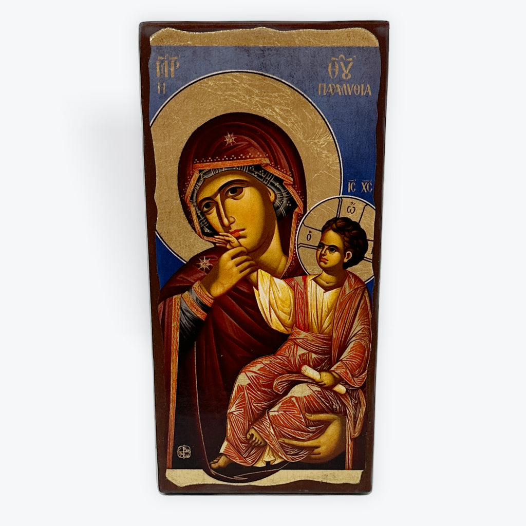 Virgin Mary Paramythia - Aged Wooden Icon In Canvas With Gold Background - Mount Athos